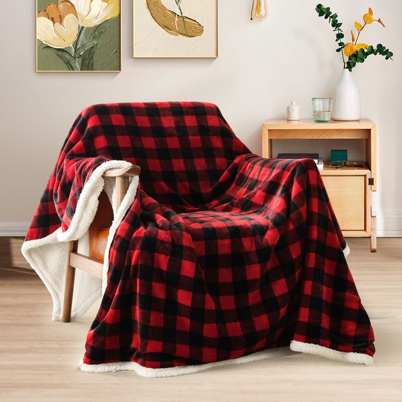 BEAUTEX Christmas Sherpa Fleece Throw Blanket, Super Soft Warm Buffalo Plaid Plush Blankets and Throws, Warm Winter Cozy Fuzzy Blanket for Couch Sofa Bed (Red, 50" x 60") - Image 2